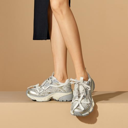 BEAU TODAY Womens Platform Fashion Sneakers, Chunky Leather Walking Shoes for Women, Casual Dress Comfortable Non-Slip Lace-up Mesh Running Gym Shoes 5