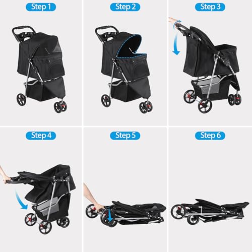 Foldable Pet Stroller for Cats and Dogs 3 Wheels Carrier Strolling Cart with Weather Cover, Storage Basket + Cup Holder (Black)