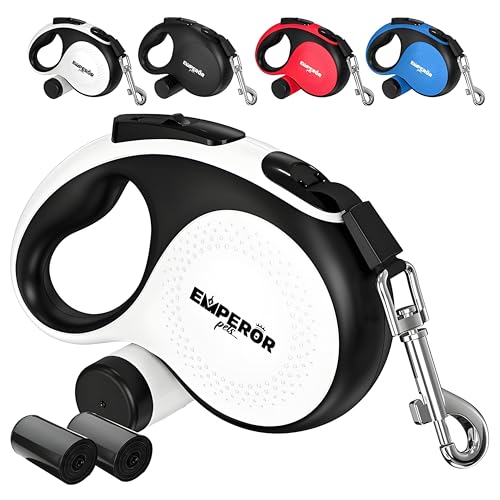 Emperor Pets Retractable Dog Leash 26 ft White - Heavy Duty Leash for Medium Large Dogs up to 110 lbs Anti-Slip Grip Poop Bag Dispenser Aura Collection -BW26