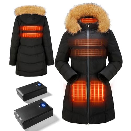 Heated Long Jackets for Women，2 PACK 12000mAh Power Bank With 5 Heating Zones，Winter Warm Heated Coat Outdoor