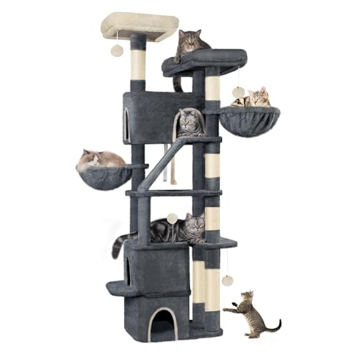 Hzuaneri 76 Inch Cat Tree, Large Cat Tower for Indoor Cats, Cats House Furniture with Scratching Ramp, 2 Platforms, 3 Condos, 6 Scratching Posts, 2 Baskets, Pompoms, Dark Grey MS18818SG