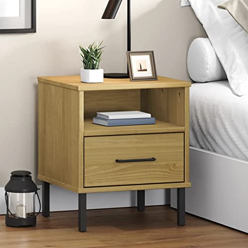 QZZCED Industrial Bedside Cabinet with Drawer and Shelf, Solid Pine Wood Nightstand with Metal Legs for Bedroom Storage