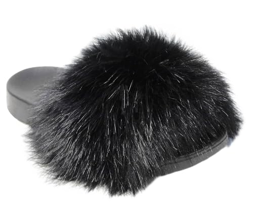 Adorllya Faux Fur Slides, Furry Slippers for Women Fuzzy Fluffy Sandals Shoes(Black, Numeric_9)