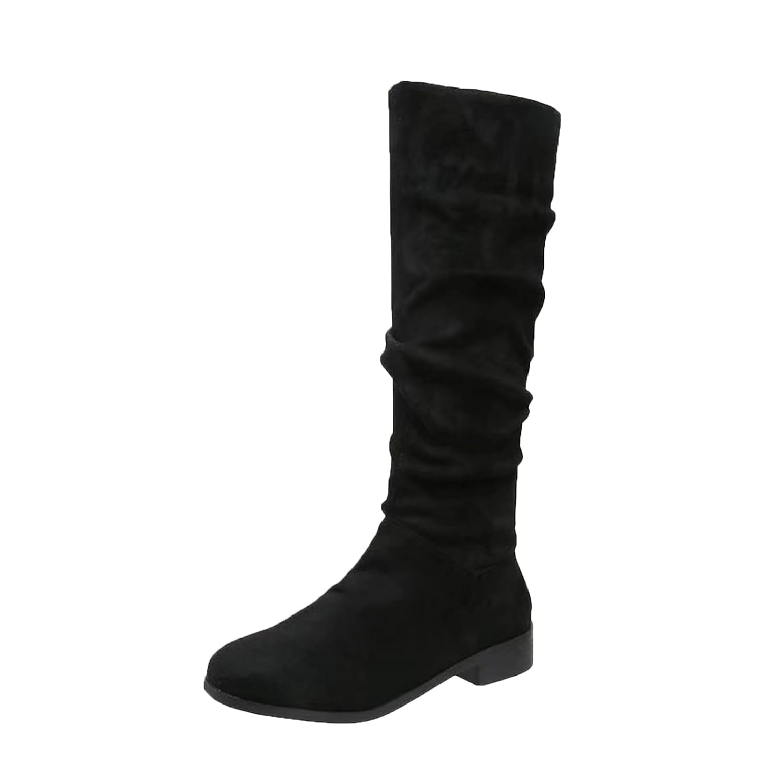Knee High Boots Women Wide Calf Flat Low Heel Stretchy Round Toe Suede Boots Casual Slouchy Chunky Block