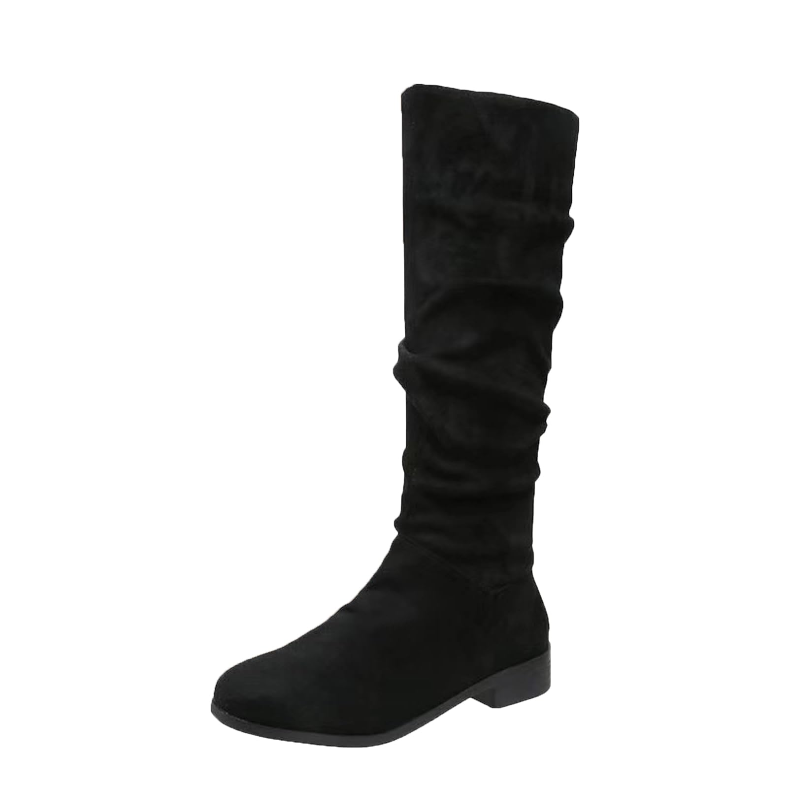 Knee High Boots Women Wide Calf Flat Low Heel Stretchy Round Toe Suede Boots Casual Slouchy Chunky Block