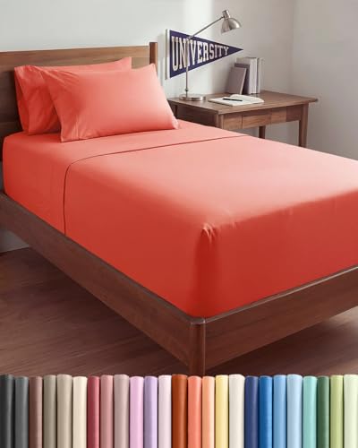 Image of Extra Deep Twin XL Sheet Set - 4 Piece Breathable & Cooling Sheets - Coral | Hotel Luxury Bed Sheets Set, Easy & Secure Fit, Ultra-Soft, Wrinkle & Fade Free, Comfy Sheets Set with Extra Deep Pockets