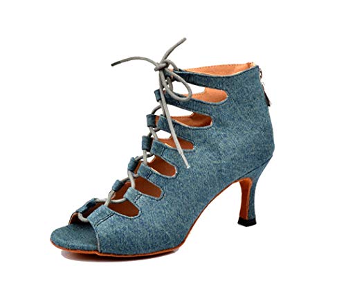 TDA Women's Flared Heel Lace-up & Zipper Blue Denim Fabric Salsa Tango Rumba Samba Latin Modern Dance Bootie 9 M US