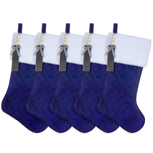 Shgngle Blue Velvet Quilted Personalized Christmas Stocking,19.5 Inch Fireplace Hanging Stockings with Blank Wooden Tags DIY Name,Family Holiday Decorations and Xmas Gift(Blue 5Pcs)