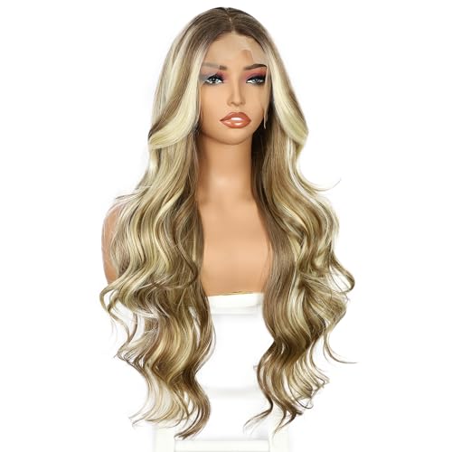 Sapphirewigs Highlight Blonde Lace Front Wig Synthetic 13x4 Body Wave Ombre Blonde Balayage Synthetic Lace Front Wigs Party Date Daily Wear Christmas Natural Looking 26 inch - Image 3