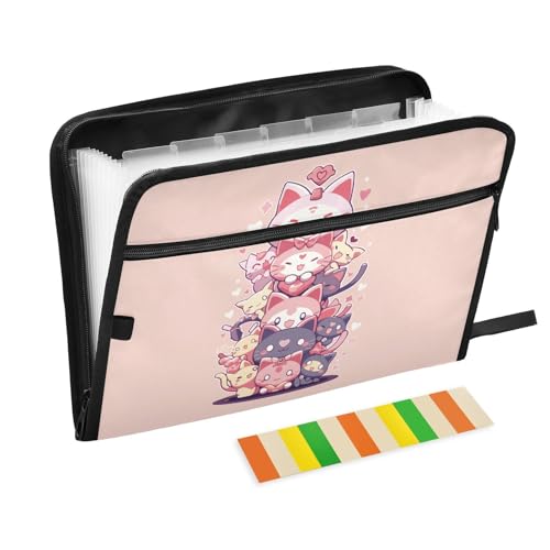 KaariDream ドキュメントファイル A4 書類収納ケース 仕切り 13ポケット ネコ 猫柄 ねこ アニマル ハート ピンク かわいい 持ち運び 大容量 重要書類 ファイル 書類ホルダー 収納ケース 仕切りフォルダー 拡張フォルダ ラベル付き 事務用