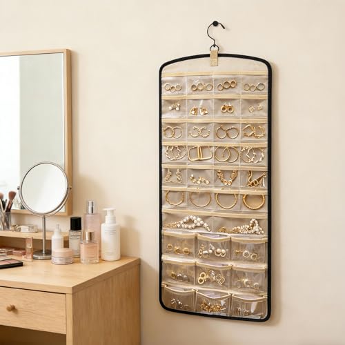 Idota Wiszący organizer na biżuterię, duży, dwustronny organizer do przechowywania biżuterii, obracany o 360°, metalowy haczyk, do przechowywania łańcuszków, na drzwi, szafkę, ścianę (kolor czarny +