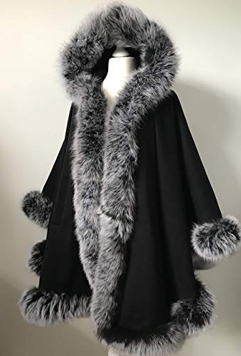 Poncho Cape hood cashmere fox fur trim Poncho Cape hood cashmere fox fur trim