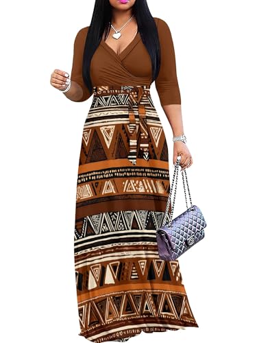 Image of PinkPatty Plus Size Maxi Dresses for Women Casual Flowy Long Dress 3 /4 Sleeve V Neck Wrap Dress with Belt