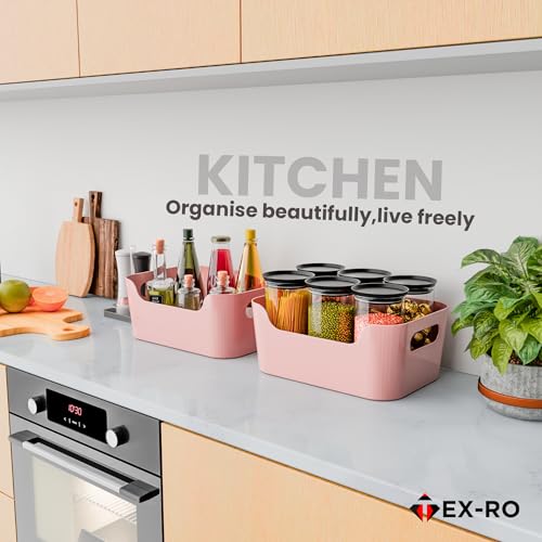 Image of TEX-RO Storage Box and Organiser | Storage Organiser | Organizer Storage Box for Home & Kitchen | Durable Storage Basket & Plastic Basket for Storage (Pack of 2, Light Pink)