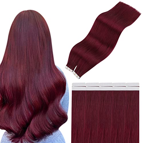 YoungSee Burgundy Remy Hair Tape in Extensions Human Hair 18 Inch 10pcs 25g 530 Wine Red Tape in Hair Extensions Real Human Hair