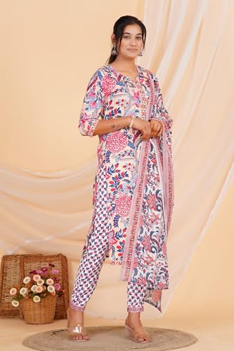 Image of Women's Printed Straight Kurta with Pant & Dupatta Set (Multicolor)