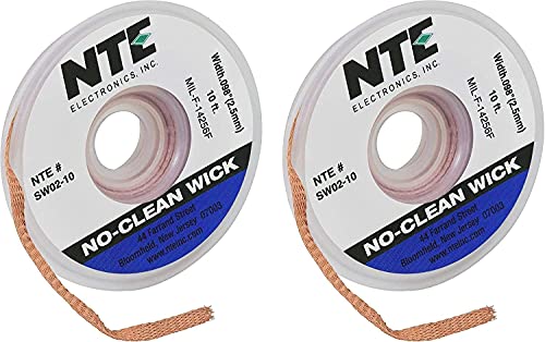 NTE Electronics SW02-10 No-Clean Solder Wick, 4 Blue.098" Width, 10" Length | 2-Pack Bundle