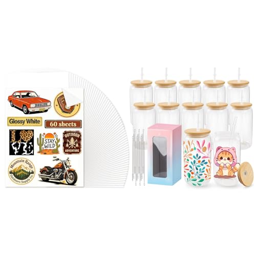 Joyclub Bundle of Sublimation Sticker Paper 60 Sheets 8.5x11 White Waterproof Glossy Sticker Paper Vinyl and 12 Pack Sublimation Glass Cups with Lids