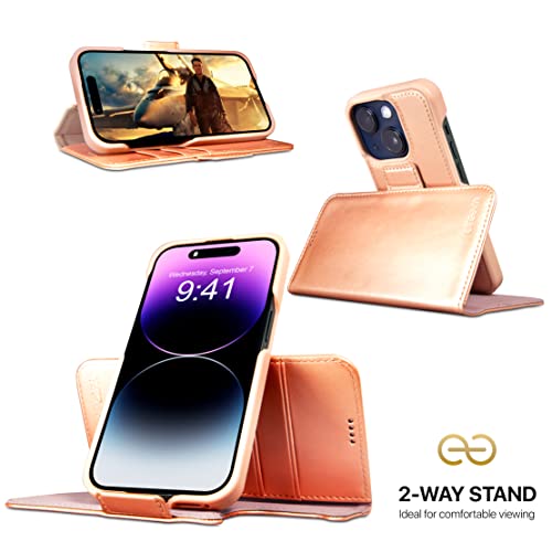Image of dreem Fibonacci Compatible with iPhone 14 Plus Wallet case / 2-in-1 Shockproof case and Detachable Vegan Leather Folio, MagSafe Compatible, RFID Protection [Rose]