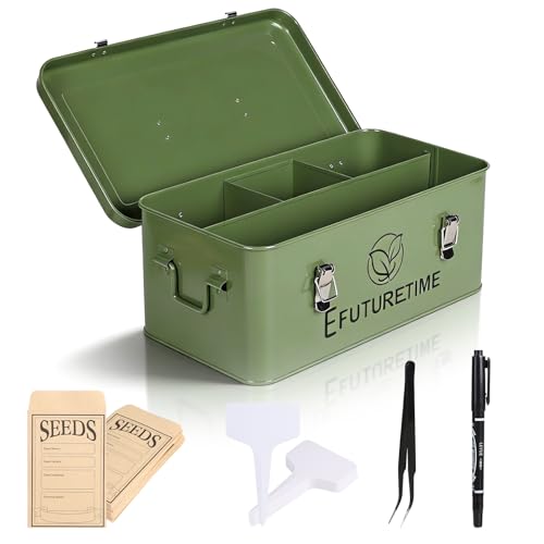 efuturetime Saatgutaufbewahrungsbox Metall 32 5×17×13cm Garten Samen Behälter mit Deckel Samen Paket Organizer mit 4 Fächern Aufbewahrung Kräuter Gemüse Samen Geschenke für Gartenliebhaber Grün