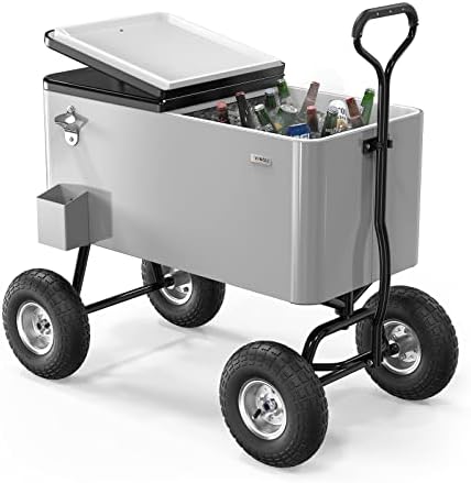 VINGLI 80 Quart Wagon Rolling Cooler Ice Chest, Patio Cooler w/Long Handle and 10" Wheels, Beach Patio Party Bar Cold Drink Beverage Cart