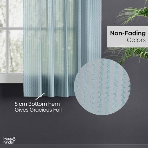 Image of haus & kinder Jacquard Sheer Window Curtains 5 Feet Long Pack of 2 Window Curtains, 5 Feet Curtains for Window, (Abstract Geometric Design, Aqua Strand, 114x152cm)