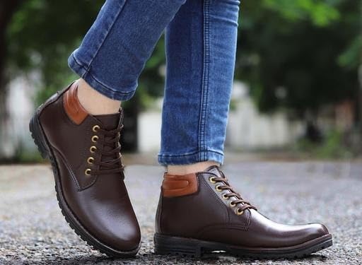 Image of Leather Men's Long Boots Stylish Lace-Up Outdoor Casual Foot with Durable TPR Sole Classic Solid Design for Daily