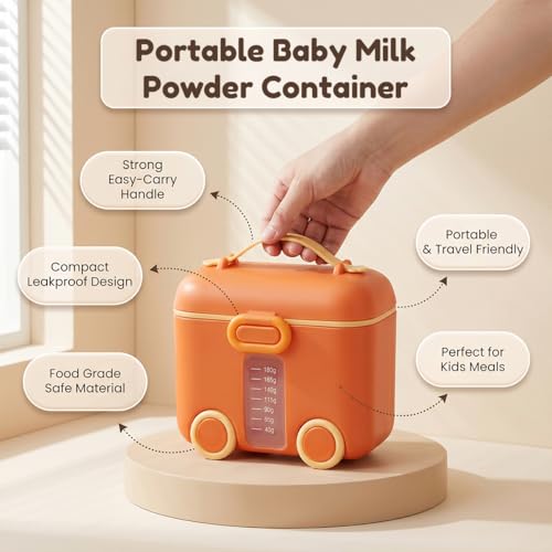 Image of StarAndDaisy Formula Milk Container for Baby Milk Powder Container with Scoop Holder, Portable Formula Dispense, Airtight First Feed Baby Food Storage Container /Box for Travel 200 Grams (Bus-Orange)