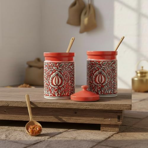 Image of Caffeine Ceramic Stonwear Handmade Red Mughal Barni /Pickle Jar (Set of 3)