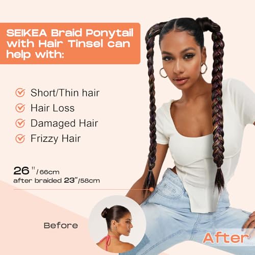 Seikea SK-2P-26LSBZ258-HD14/88H Braid Ponytail Extension With Glitter Hair Tinsel, 2Pcs 26 Inch Long Straight Diy Braid Hair Extension With Hair Tie, Wrap Around Hair Extensions Ponytail Hairpiece Blonde Pale Gold Highlights thumb #2