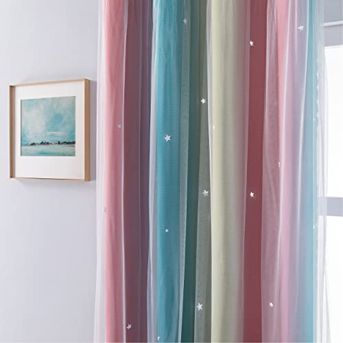 Image of XiDi Curtains for Bedroom Decor, Rainbow Pink-Blue-34-90