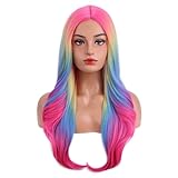MAGQOO Rainbow Wigs for Women Long Curly Wavy Colorful Fun Wigs Middle Part Synthetic Halloween Cosplay Party Wig
