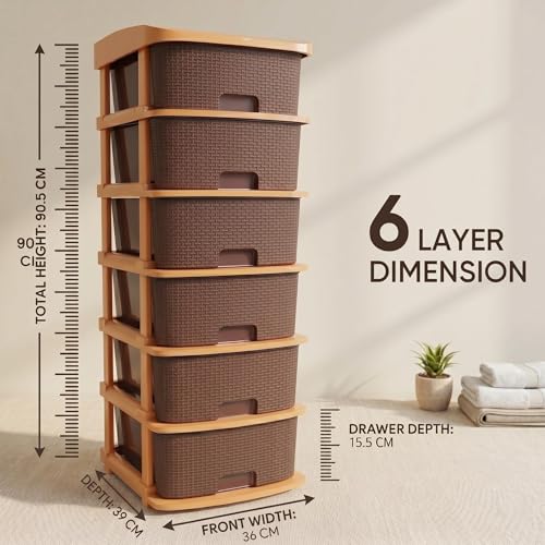 Image of Jefa Plastic Modular Drawer Storage Organizer | Multipurpose Storage Chest with Anti-Slip Design | Large Capacity Drawer Rack for Clothes, Shoes, Office & Home Use (Brown, 6)