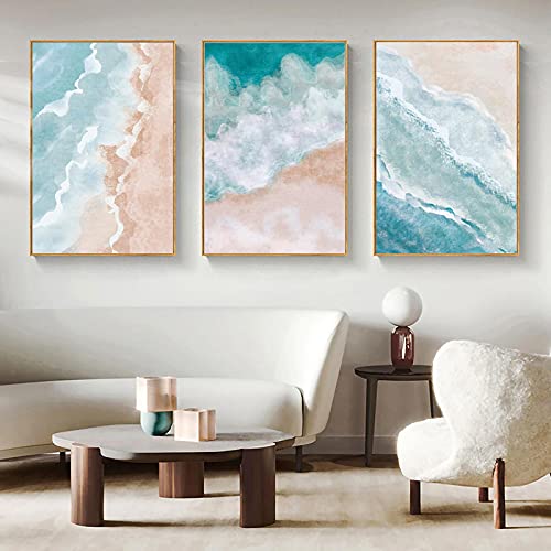Peinture Bleu Aquarelle Grand Format | Décoration Murale Nordique Vague et Plage Abstrait x3