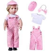 Rakki Dolli Doll Clothes Accessories 3 Pcs Set with Fashion Pink Overalls Bib Pants Jumpsuit & White Short-Sleeved T-Shirt & Pink Headband Hair Rope for Doll 032