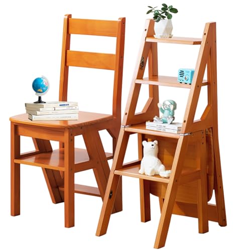 Escalera plegable 3 en 1 de madera maciza y taburete de 4 niveles, estante de exhibición multifuncional, capacidad de 150 kg, ahorro de espacio, ideal para el hogar, cocina, biblioteca (marrón, 35 x