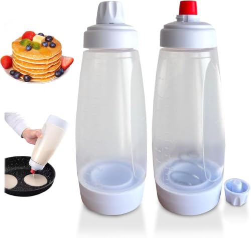 2 Packs of Pancake Batter Dispenser,1000ml Squeeze Pancake Dispenser | Mixer Bottle with Stainless Steel wire Ball,Suitable for Pancakes Crepes Waffle Muffins Qatayef Cupcak - image 1