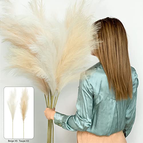 8 Pcs Faux Pampas Grass Decor 38''/97Cm Tall Artificial Large Pompas Grass Pompous Floral Fluffy Fake Plants Floor Vase Filler For Kitchen Home Boho Decorations, Beige+Taupe #TOP2
