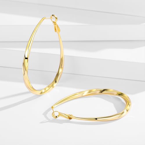 Large Gold Hoop Earrings for Women Trendy 14k Gold Plated 925 Sterling Silver Post Oval Hoop Earrings Lightwieght Big Hoops Earrings Jewelry Gifts for Women4