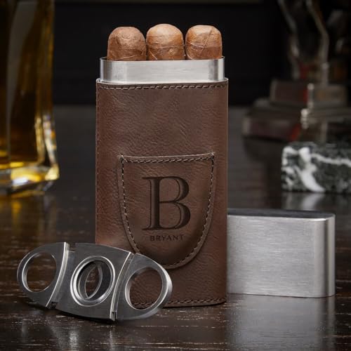 HomeWetBar Monogrammed Travel Cigar Case with Cigar Cutter