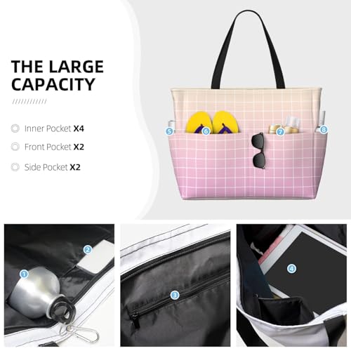 Large Beach Bags for Women Sandproof - Pink Ombre Grid Print Summer Travel Work Tote Bags with Zipper3