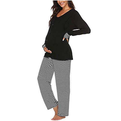 SUNNSEAN Pyjama Femme Enceinte d'Allaitement en Coton Deux Pièces, Vêtements De Nuit Manche Longue Col Rond Pour Grossesse, Toutes Saisons