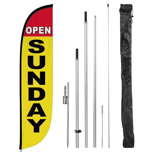 Image of LookOurWay Feather Flag Pole Kit - 12 Feet Tall Advertising Flag Banner with Fiberglass Pole Kit and Ground Spike for Business Promotion - Grand Opening Flags - Open Sunday (10M1200275)