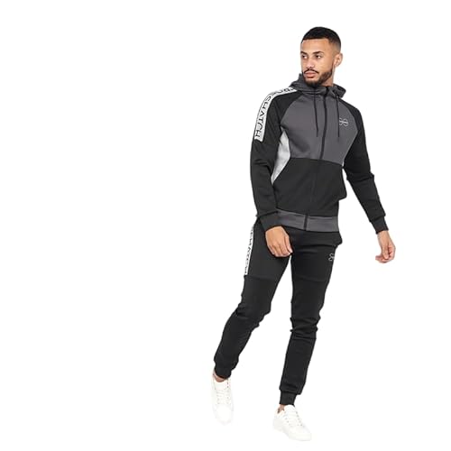 Crosshatch Mens Classic Tracksuit Set Hooded Zip Thru Top Sweatshirt with Jogging Bottoms Sweatpants Joggers with Pockets. Full Set Black XL