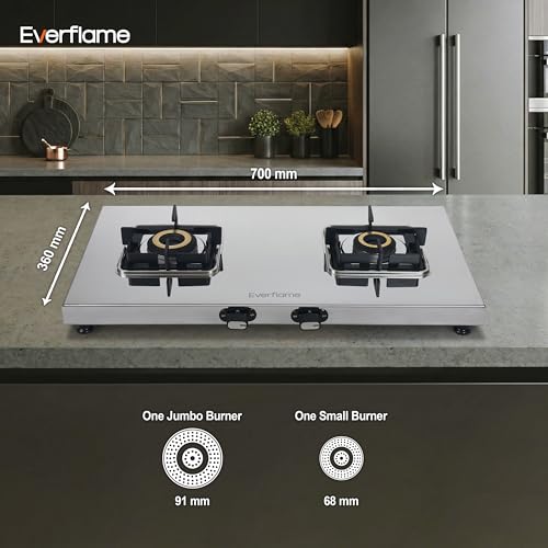 Image of Everflame Prime Gas Stove| 2 Burner Stainless Steel Stove | Manual Ignition | LPG Stove | Gas-Saver | (1.2MM)-Thick SS Body | Brass Burner | ISI Certified | 2 Years Product Warranty + Doorstep Service