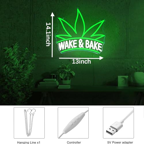 Image of Wake & Bake Neon Signs Green Weed Leaf LED Neon for Bar Decor,Dimmable Wake and Leaf Neon Lights Men Cave Bedroom Living Room Gifts for Christmas Birthday(Green, Wake)