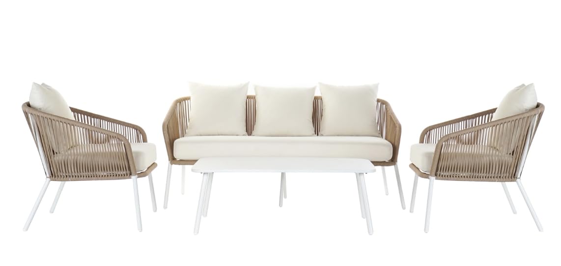 Megashopitalia Set da Giardino in Rattan con Divano 5 Posti Poltrone Tavolino da Caffè (Bianco)