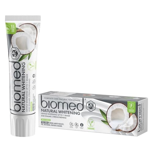 Pasta de dientes blanqueadora 97% natural Biomed Coconut Oil | Blanqueamiento delicado y refuerzo del esmalte | Apto para veganos, no contiene SLES, contiene flúor, 100 g