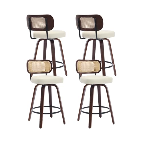 Image of Swivel Counter Height Bar Stools Set of 4, 26 inch Bar Chairs with Curved Rattan Back, Upholstered PU Leather, Walnut Craftsmanship, Mid Century Modern Counter Stools for Kitchen Counter, Beige