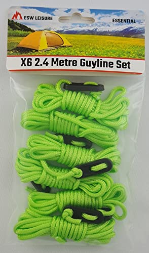 ESW LEISURE Guyline Ropes 6 Pack For Tents Awning Camping Strong Lightweight Paracord Guy Rope With Tensioner Guy Lines Fishing Umbrella Shelter Caravan Gazebo (Flourescent Green